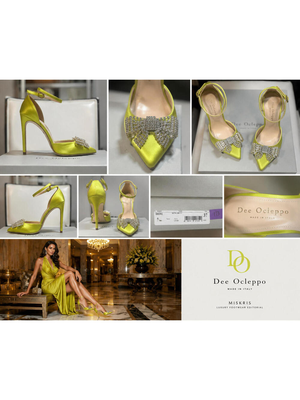 Dee Ocleppo Satin Lime Crystal Bow Ankle Strap Pumps EU 37 US 6.5-7 NIB